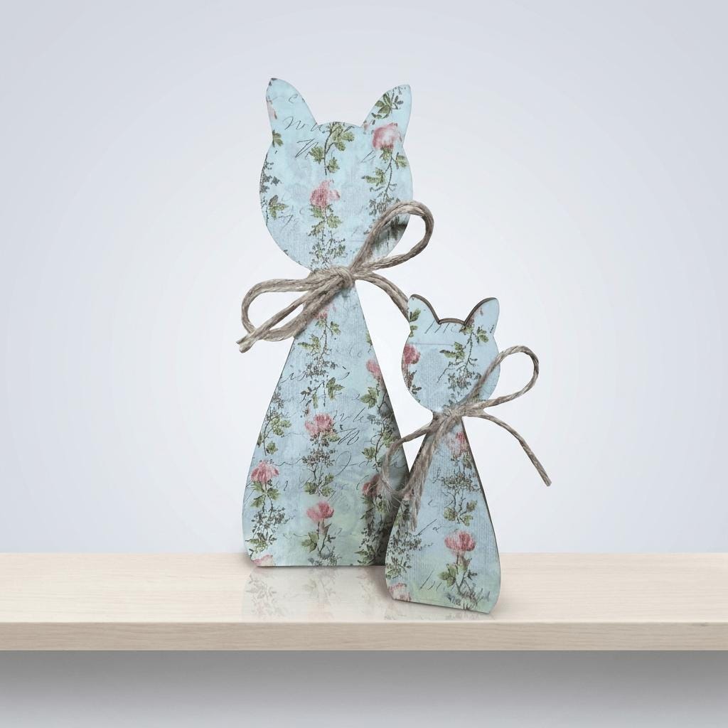 Floral Wood Cat Shelf Sitters Set of 2 | Farmhouse Cat Decor | Cottagecore Wooden Cats | Pet Lover Home Decor - TheGrumpyRooster