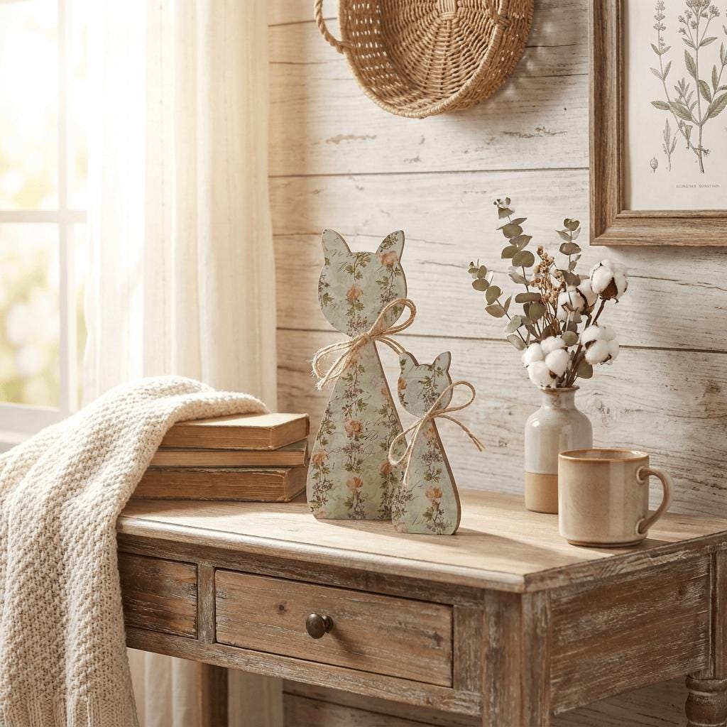 Floral Wood Cat Shelf Sitters Set of 2 | Farmhouse Cat Decor | Cottagecore Wooden Cats | Pet Lover Home Decor - TheGrumpyRooster