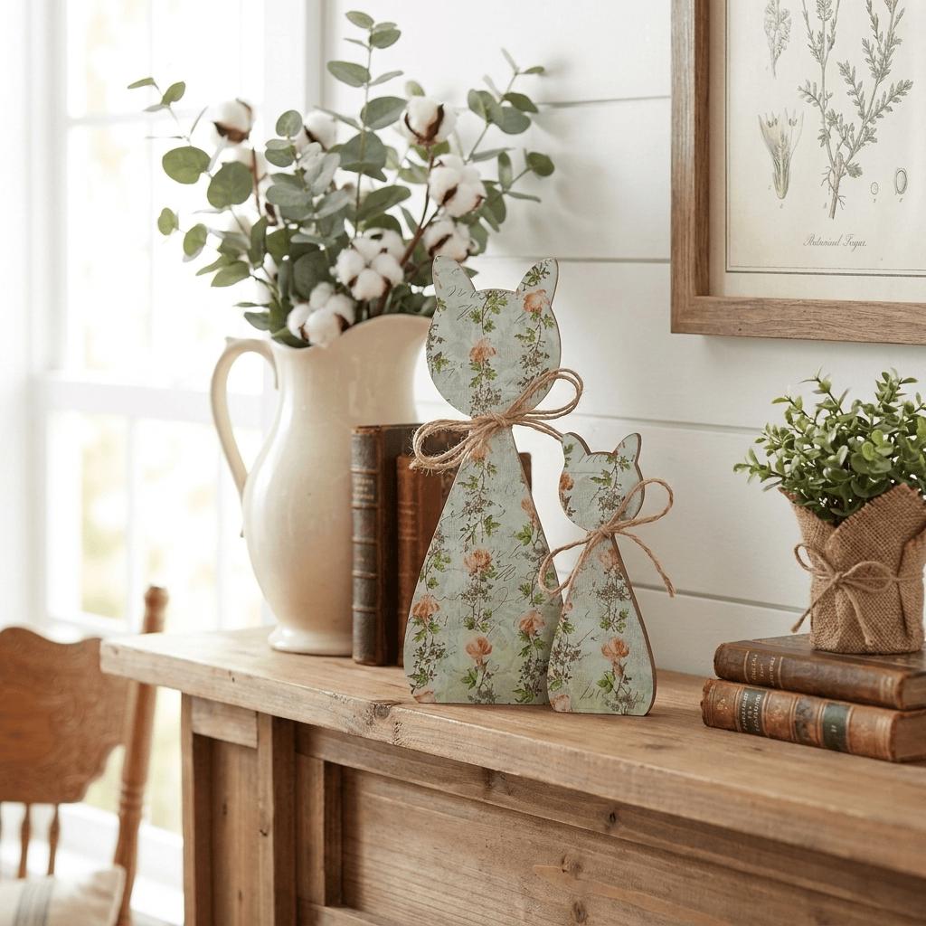 Floral Wood Cat Shelf Sitters Set of 2 | Farmhouse Cat Decor | Cottagecore Wooden Cats | Pet Lover Home Decor - TheGrumpyRooster