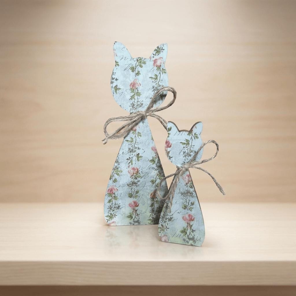 Floral Wood Cat Shelf Sitters Set of 2 | Farmhouse Cat Decor | Cottagecore Wooden Cats | Pet Lover Home Decor - TheGrumpyRooster