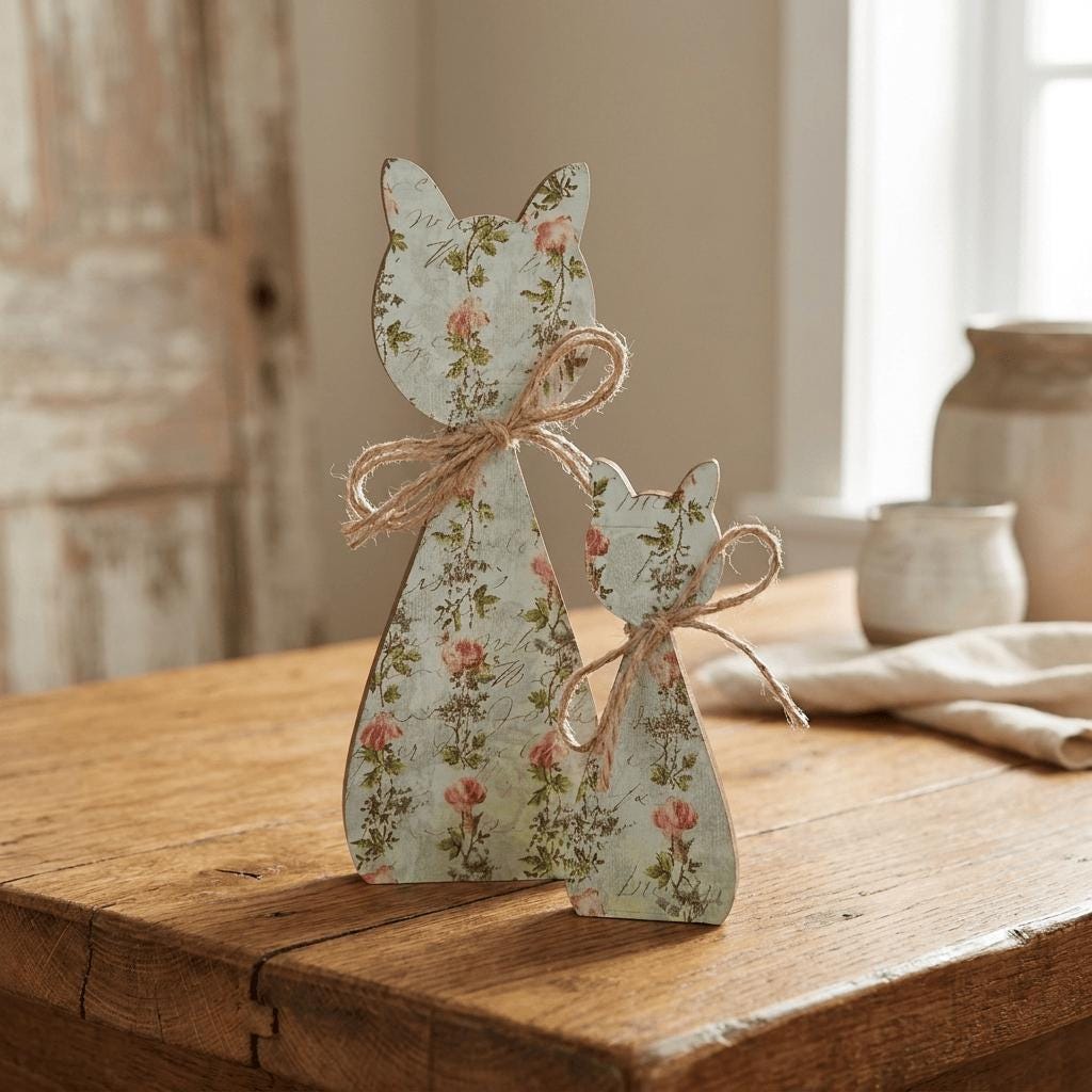 Floral Wood Cat Shelf Sitters Set of 2 | Farmhouse Cat Decor | Cottagecore Wooden Cats | Pet Lover Home Decor - TheGrumpyRooster