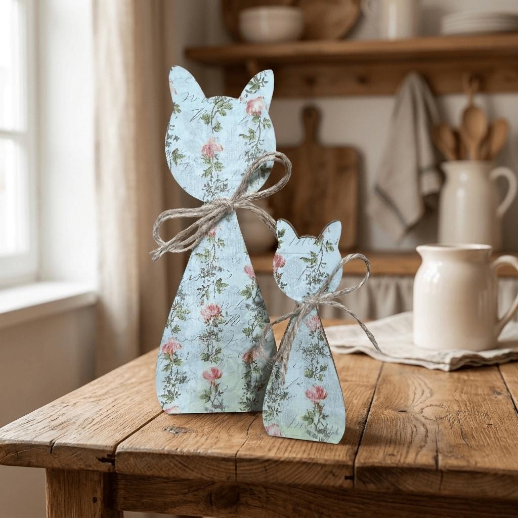 Floral Wood Cat Shelf Sitters Set of 2 | Farmhouse Cat Decor | Cottagecore Wooden Cats | Pet Lover Home Decor - TheGrumpyRooster