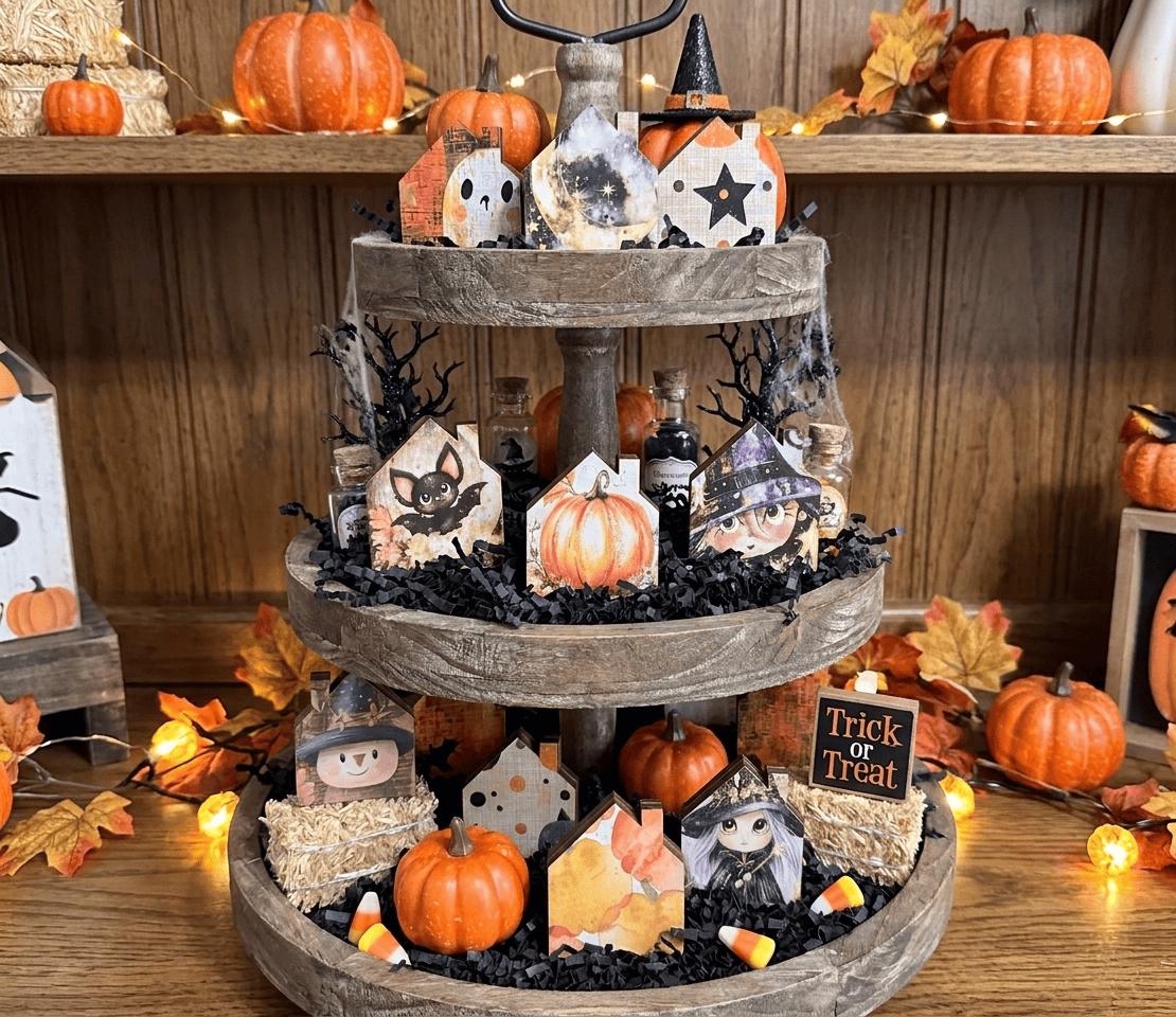 Mystery Tiny Halloween Houses | Mini Wood Shelf Sitters | Fall Tiered Tray Decor | Spooky Miniature House Set - TheGrumpyRooster