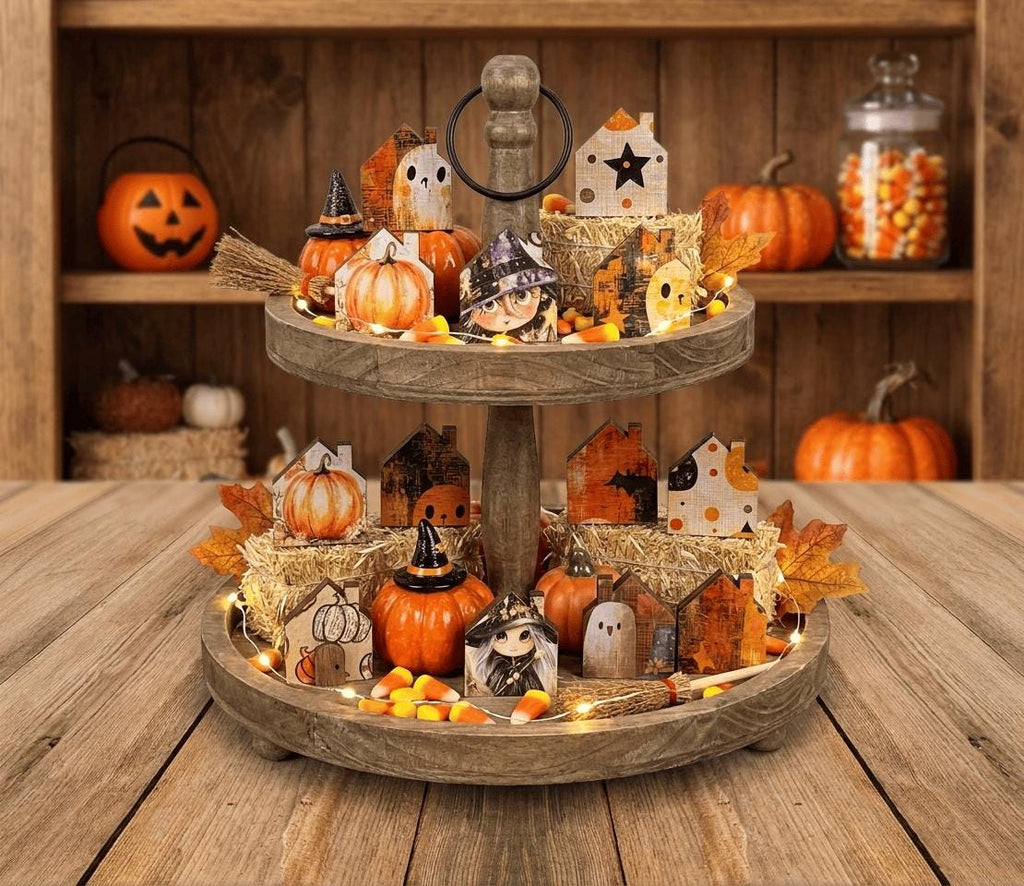Mystery Tiny Halloween Houses | Mini Wood Shelf Sitters | Fall Tiered Tray Decor | Spooky Miniature House Set - TheGrumpyRooster