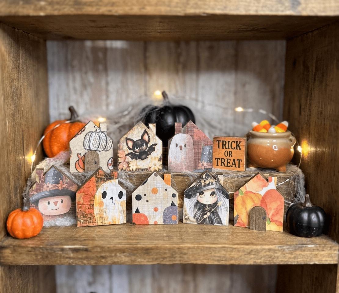 Mystery Tiny Halloween Houses | Mini Wood Shelf Sitters | Fall Tiered Tray Decor | Spooky Miniature House Set - TheGrumpyRooster