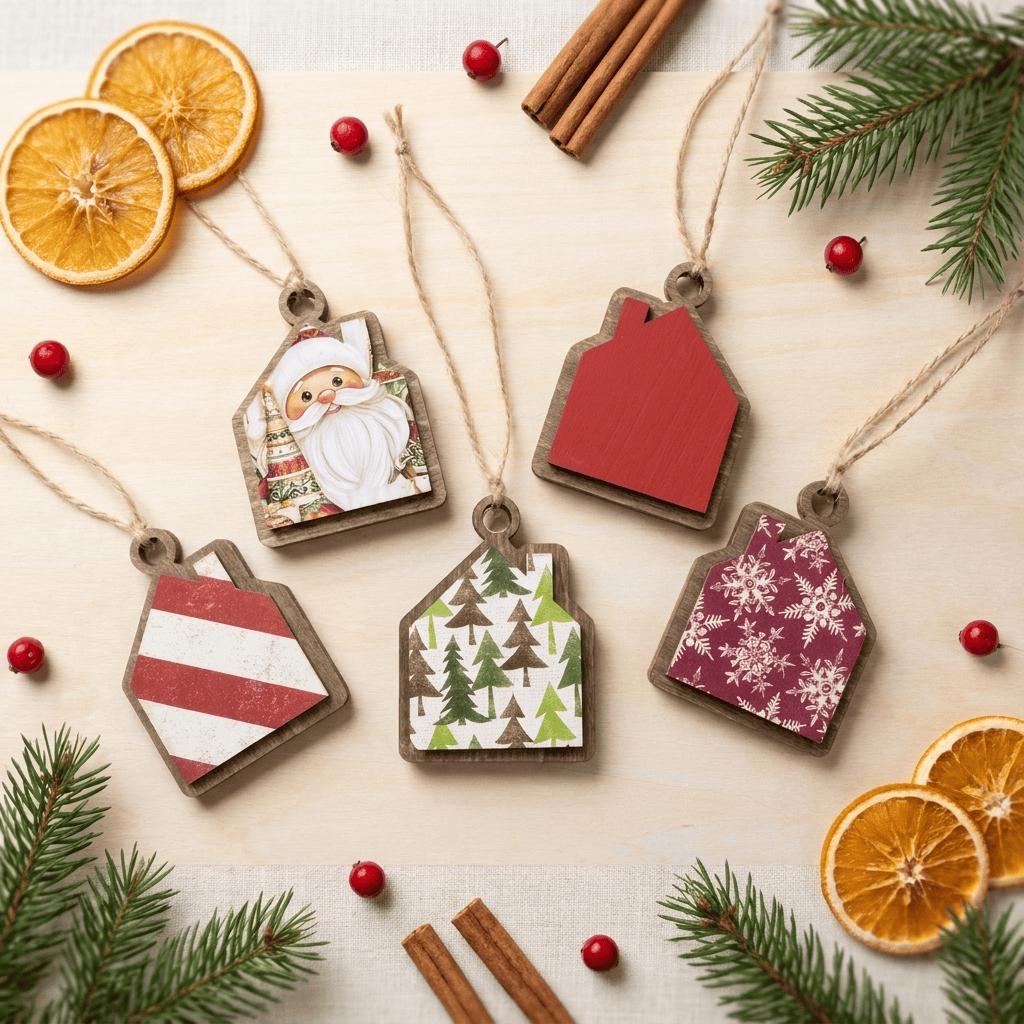 Reversible Tiny Christmas House Ornaments | Mystery Ornament Set | Mini Wood Christmas Decor | Christmas Gift - TheGrumpyRooster