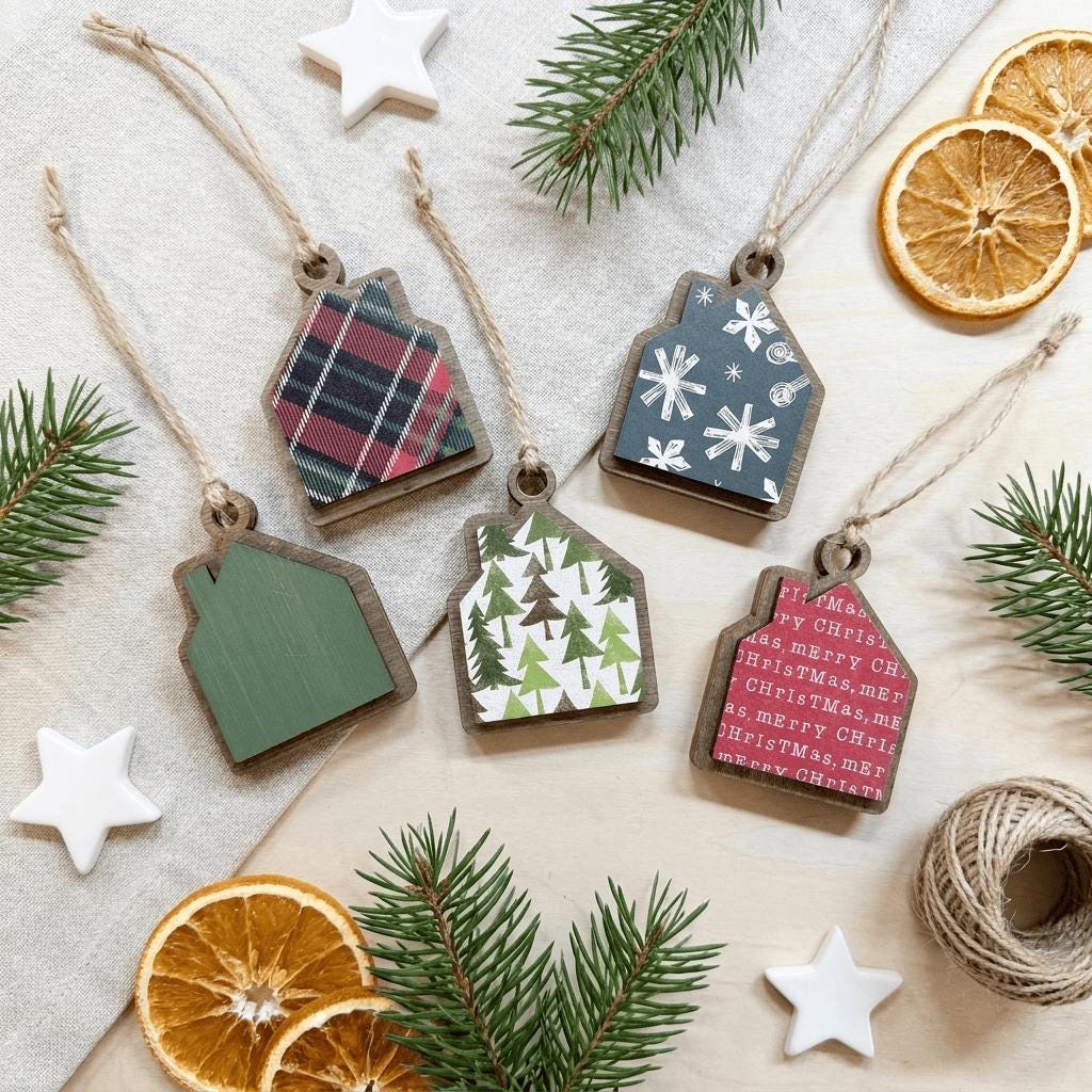 Reversible Tiny Christmas House Ornaments | Mystery Ornament Set | Mini Wood Christmas Decor | Christmas Gift - TheGrumpyRooster