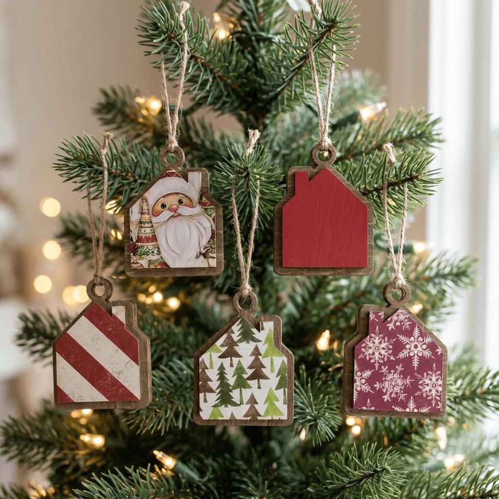 Reversible Tiny Christmas House Ornaments | Mystery Ornament Set | Mini Wood Christmas Decor | Christmas Gift - TheGrumpyRooster
