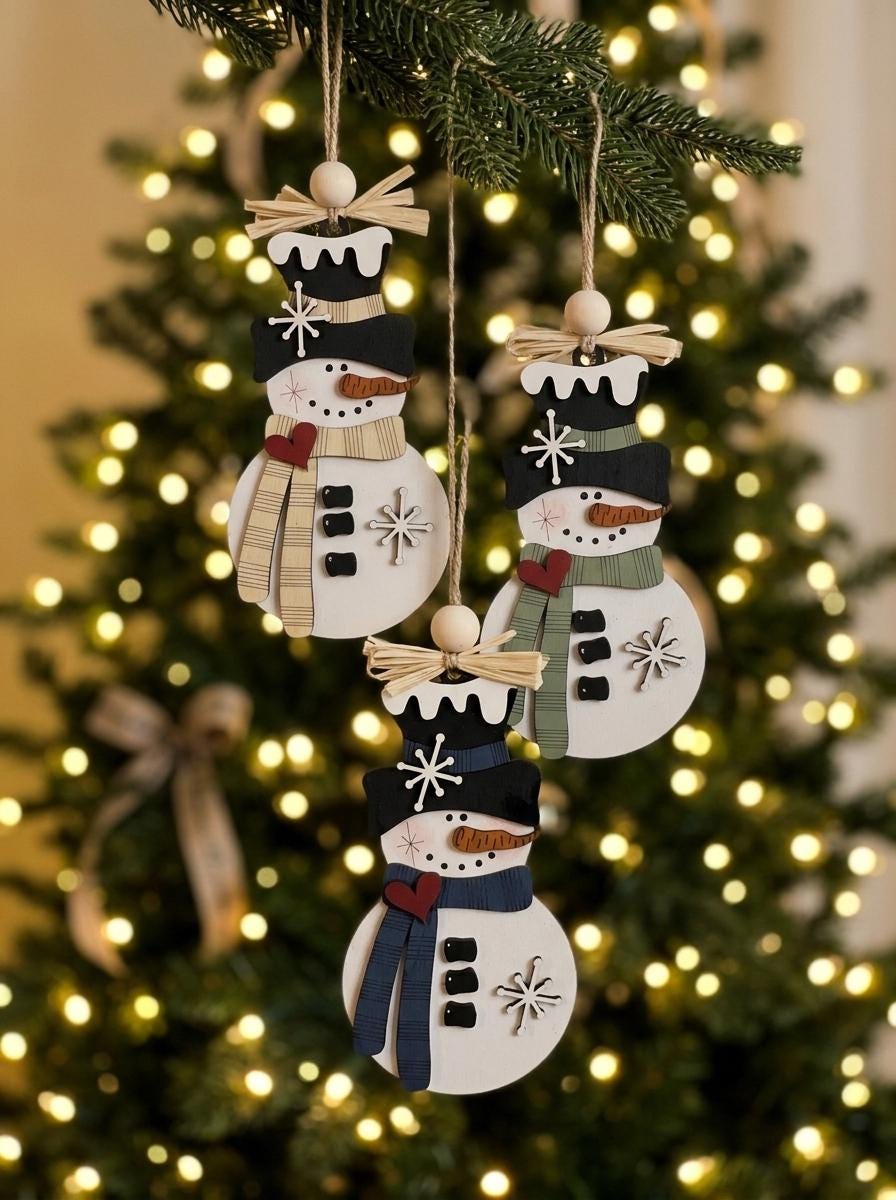 Handmade Snowman Christmas Ornament – Classic Wooden Snowman – Choose Your Scarf Color – Rustic Farmhouse Holiday Decor - TheGrumpyRooster