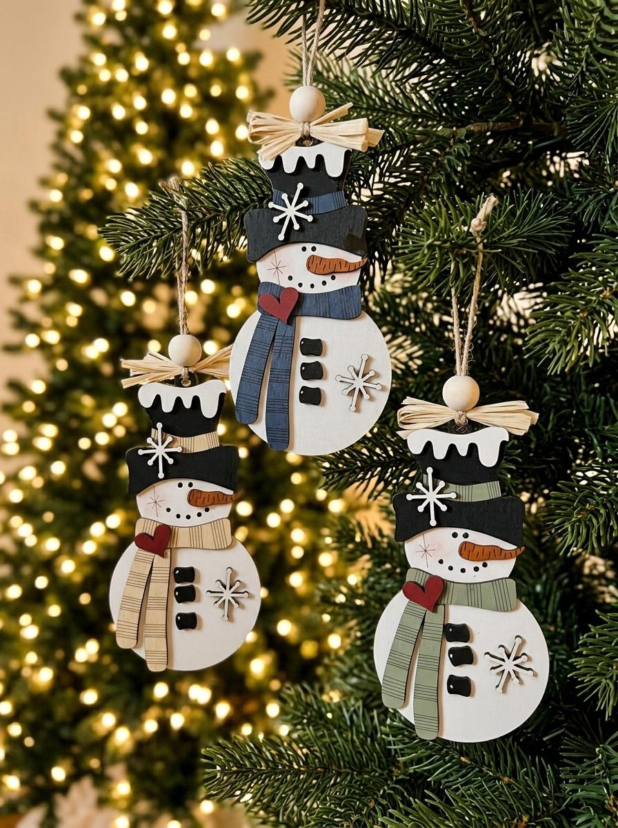 Handmade Snowman Christmas Ornament – Classic Wooden Snowman – Choose Your Scarf Color – Rustic Farmhouse Holiday Decor - TheGrumpyRooster