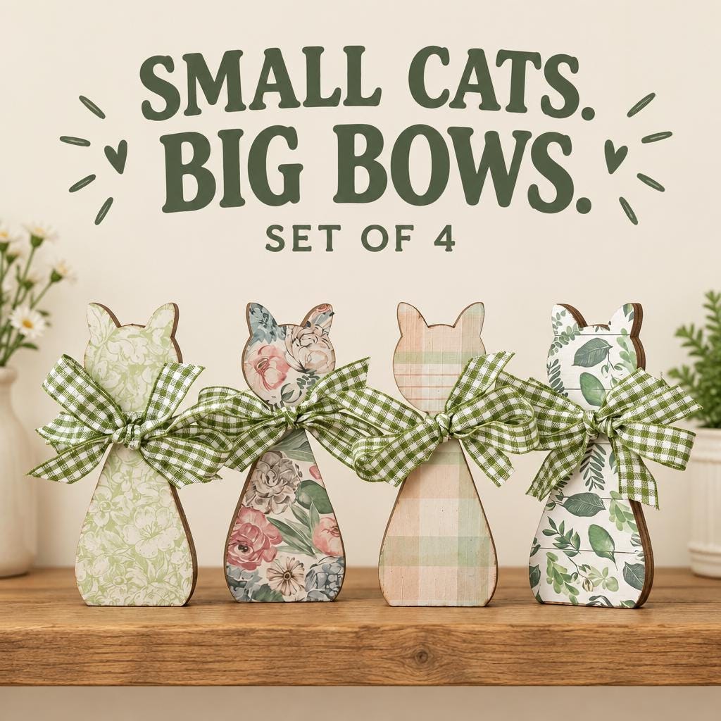 Small Floral Cat Decor Set of 4, Wooden Cat Shelf Sitters, Cottagecore Cat Decor, Farmhouse Tiered Tray Decor, Cat Lover Gift - TheGrumpyRooster