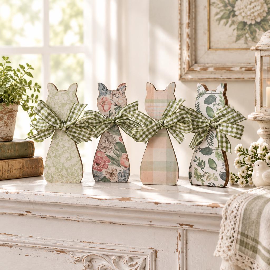 Small Floral Cat Decor Set of 4, Wooden Cat Shelf Sitters, Cottagecore Cat Decor, Farmhouse Tiered Tray Decor, Cat Lover Gift - TheGrumpyRooster