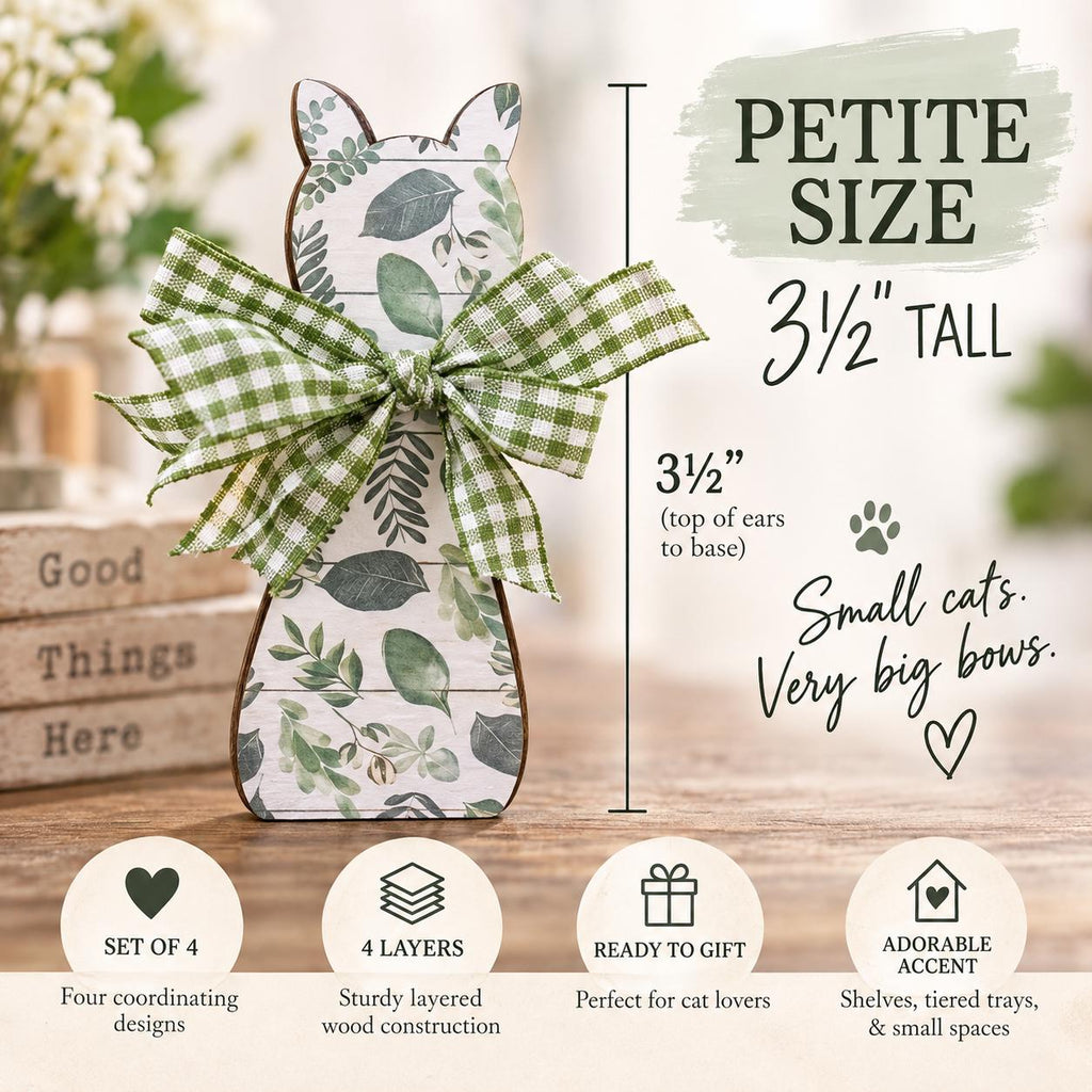 Small Floral Cat Decor Set of 4, Wooden Cat Shelf Sitters, Cottagecore Cat Decor, Farmhouse Tiered Tray Decor, Cat Lover Gift - TheGrumpyRooster