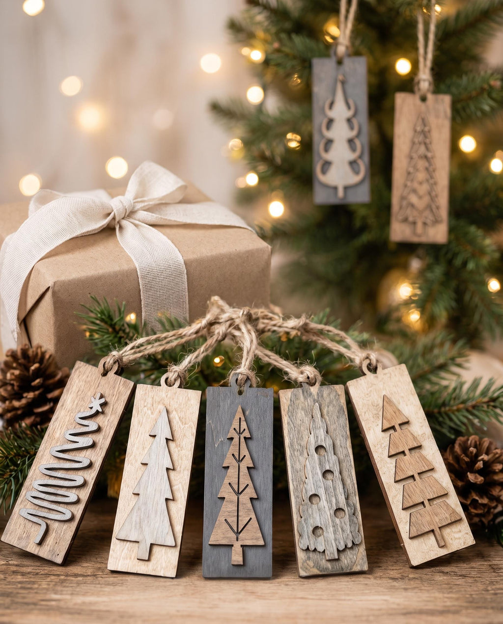Neutral Reversible Tree Ornaments, Wooden Christmas Tree Ornaments, Rustic Farmhouse Christmas Decor, Sets of 5 10 or 20 - TheGrumpyRooster