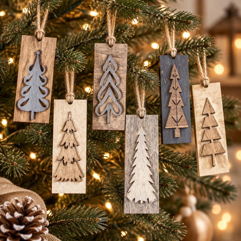 Neutral Reversible Tree Ornaments, Wooden Christmas Tree Ornaments, Rustic Farmhouse Christmas Decor, Sets of 5 10 or 20 - TheGrumpyRooster