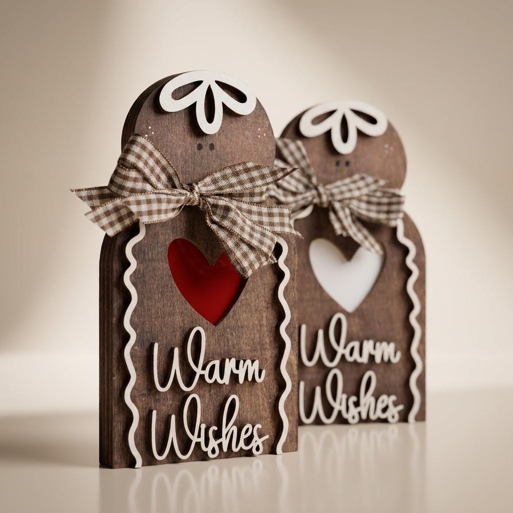 Wooden Gingerbread Man Sign, Warm Wishes Freestanding Christmas Decor, Rustic Layered Wood Shelf Sitter, Farmhouse Holiday Gift, 5.5in - TheGrumpyRooster