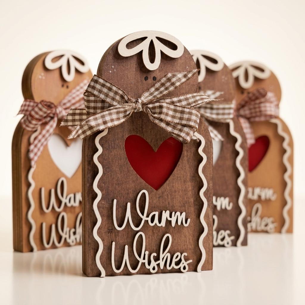 Wooden Gingerbread Man Sign, Warm Wishes Freestanding Christmas Decor, Rustic Layered Wood Shelf Sitter, Farmhouse Holiday Gift, 5.5in - TheGrumpyRooster