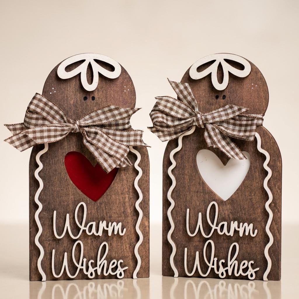 Wooden Gingerbread Man Sign, Warm Wishes Freestanding Christmas Decor, Rustic Layered Wood Shelf Sitter, Farmhouse Holiday Gift, 5.5in - TheGrumpyRooster