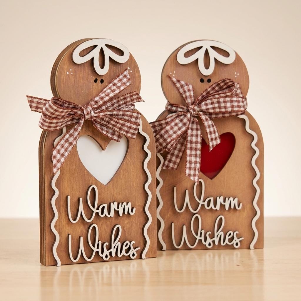 Wooden Gingerbread Man Sign, Warm Wishes Freestanding Christmas Decor, Rustic Layered Wood Shelf Sitter, Farmhouse Holiday Gift, 5.5in - TheGrumpyRooster