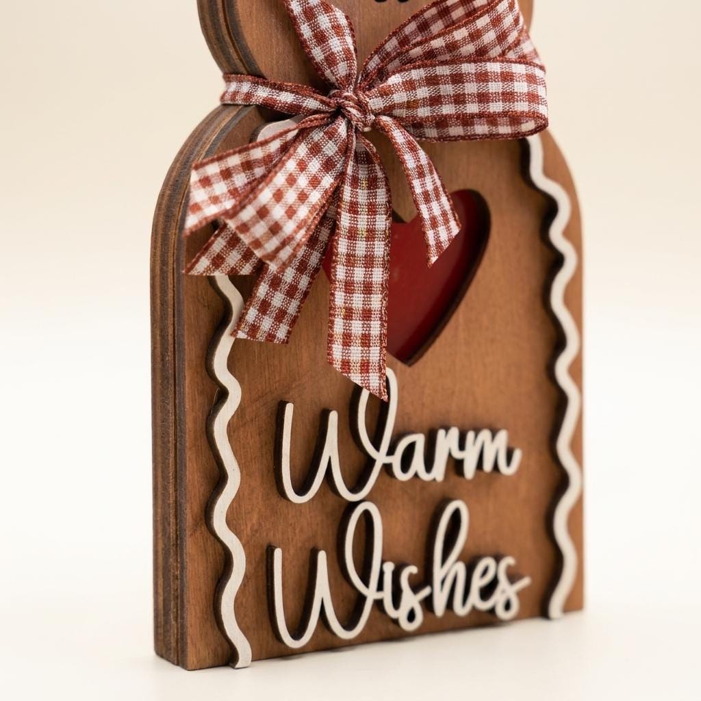 Wooden Gingerbread Man Sign, Warm Wishes Freestanding Christmas Decor, Rustic Layered Wood Shelf Sitter, Farmhouse Holiday Gift, 5.5in - TheGrumpyRooster