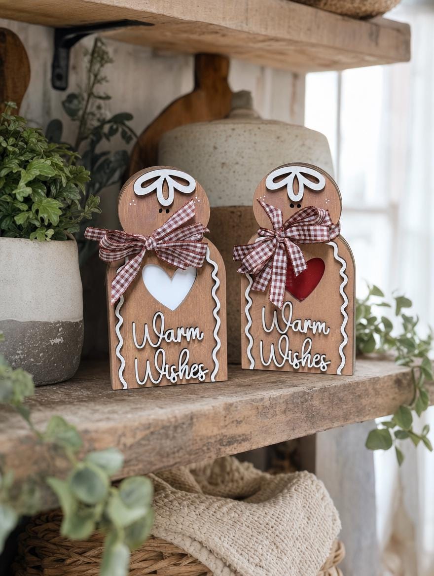 Wooden Gingerbread Man Sign, Warm Wishes Freestanding Christmas Decor, Rustic Layered Wood Shelf Sitter, Farmhouse Holiday Gift, 5.5in - TheGrumpyRooster