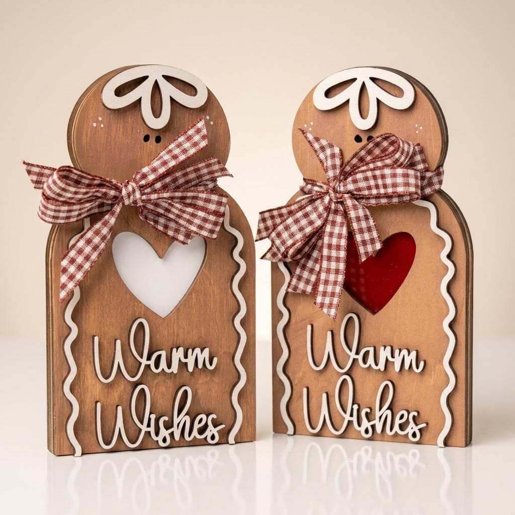 Wooden Gingerbread Man Sign, Warm Wishes Freestanding Christmas Decor, Rustic Layered Wood Shelf Sitter, Farmhouse Holiday Gift, 5.5in - TheGrumpyRooster