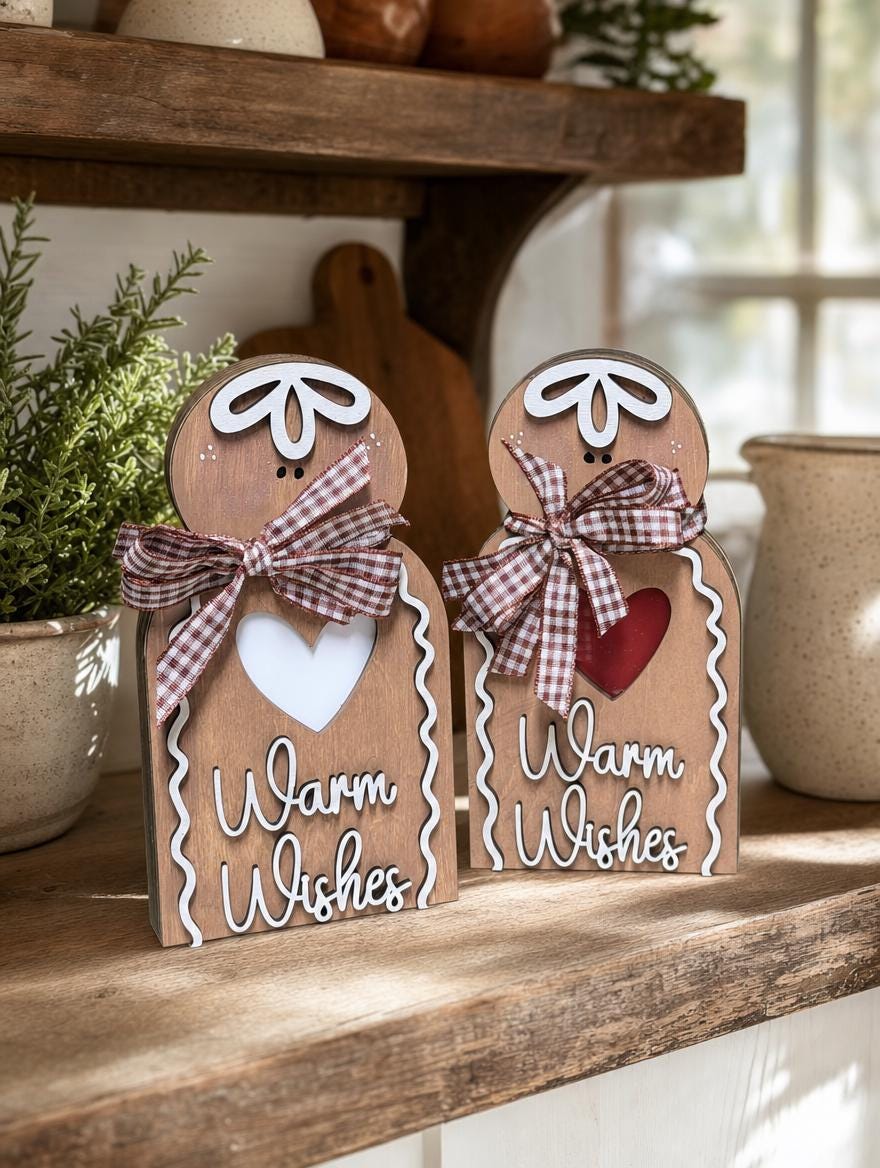 Wooden Gingerbread Man Sign, Warm Wishes Freestanding Christmas Decor, Rustic Layered Wood Shelf Sitter, Farmhouse Holiday Gift, 5.5in - TheGrumpyRooster