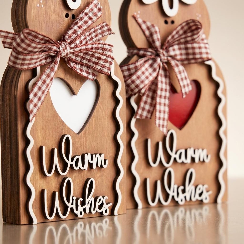 Wooden Gingerbread Man Sign, Warm Wishes Freestanding Christmas Decor, Rustic Layered Wood Shelf Sitter, Farmhouse Holiday Gift, 5.5in - TheGrumpyRooster