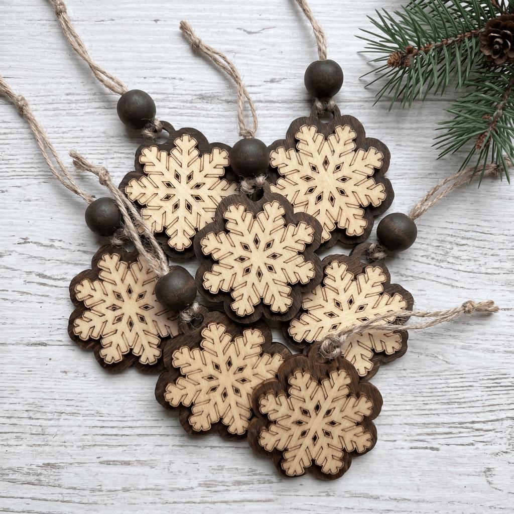 Rustic Wood Snowflake Ornaments Set of 7, Layered Christmas Tree Ornaments with Bead, Farmhouse Gift Bag, 2 inch Wooden Snowflakes