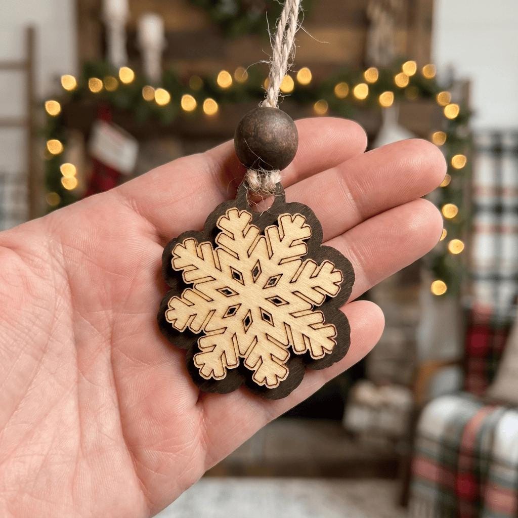 Rustic Wood Snowflake Ornaments Set of 7, Layered Christmas Tree Ornaments with Bead, Farmhouse Gift Bag, 2 inch Wooden Snowflakes
