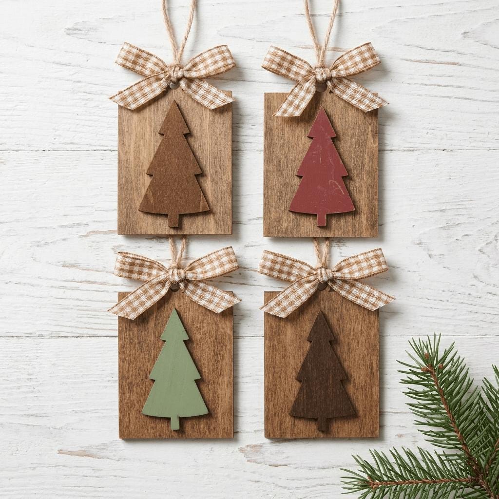 Rustic Wood Christmas Tree Ornaments Set of 4, Farmhouse Tag Ornaments with Gingham Bow, Layered Tree, Gift Bag, 2x3 inch