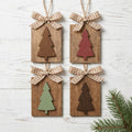 Rustic Wood Christmas Tree Ornaments Set of 4, Farmhouse Tag Ornaments with Gingham Bow, Layered Tree, Gift Bag, 2x3 inch