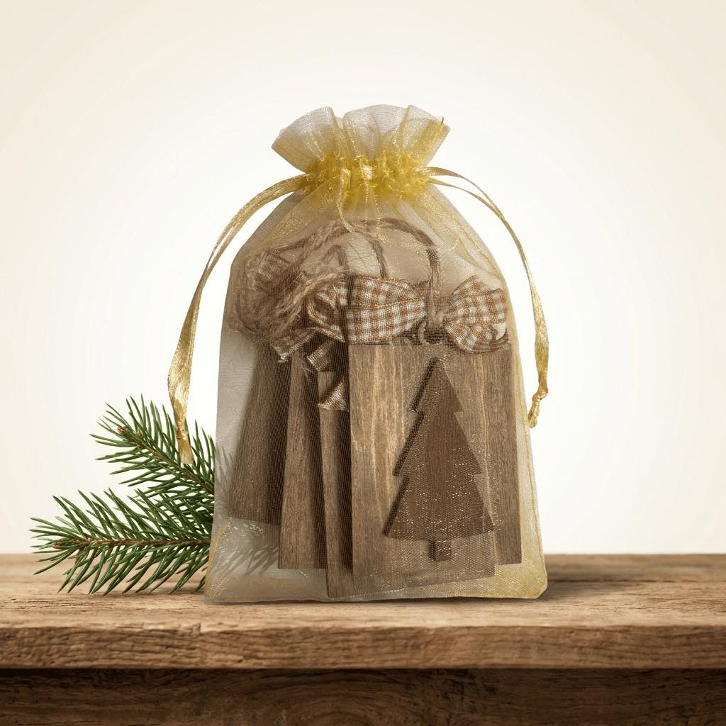 Rustic Wood Christmas Tree Ornaments Set of 4, Farmhouse Tag Ornaments with Gingham Bow, Layered Tree, Gift Bag, 2x3 inch