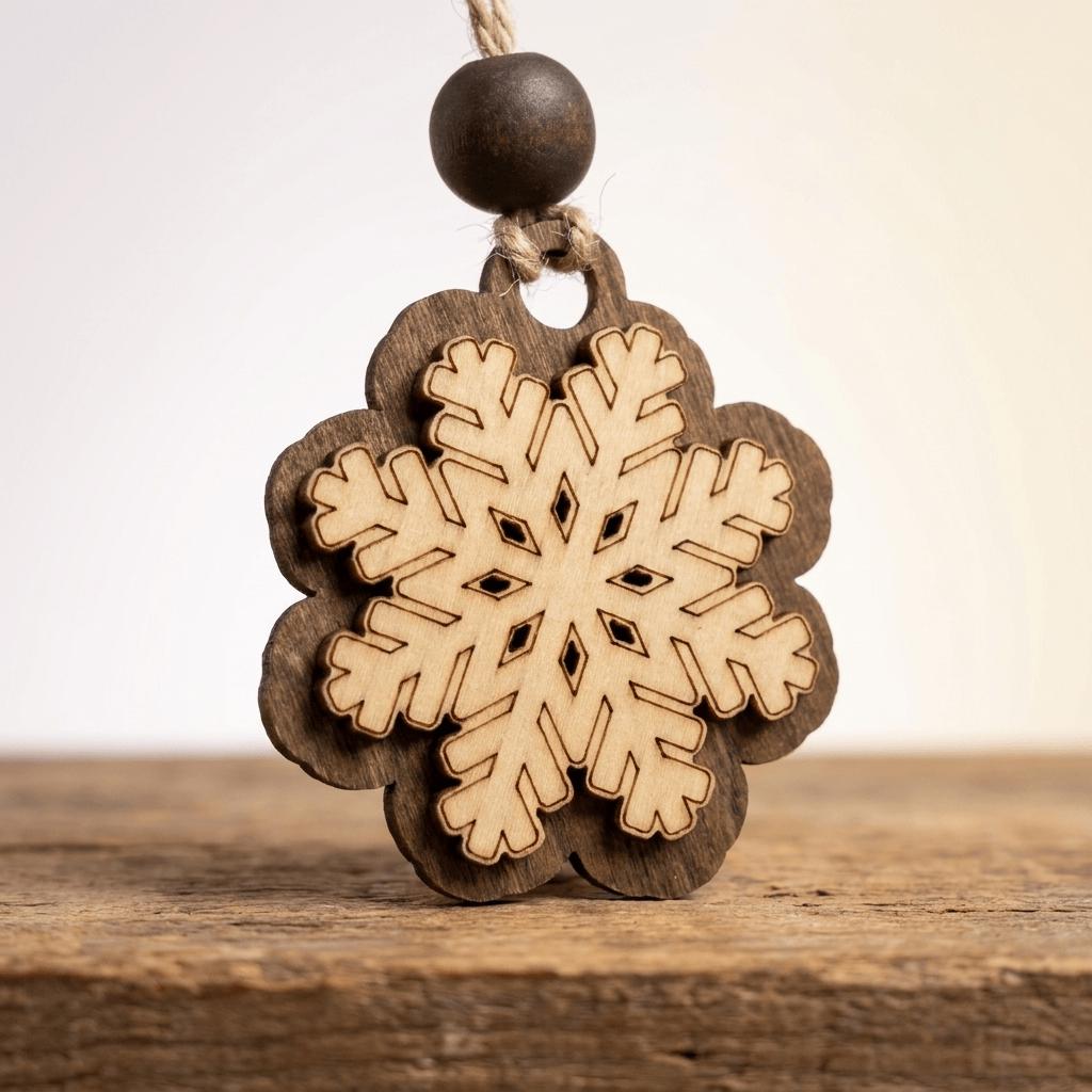 Rustic Wood Snowflake Ornaments Set of 7, Layered Christmas Tree Ornaments with Bead, Farmhouse Gift Bag, 2 inch Wooden Snowflakes