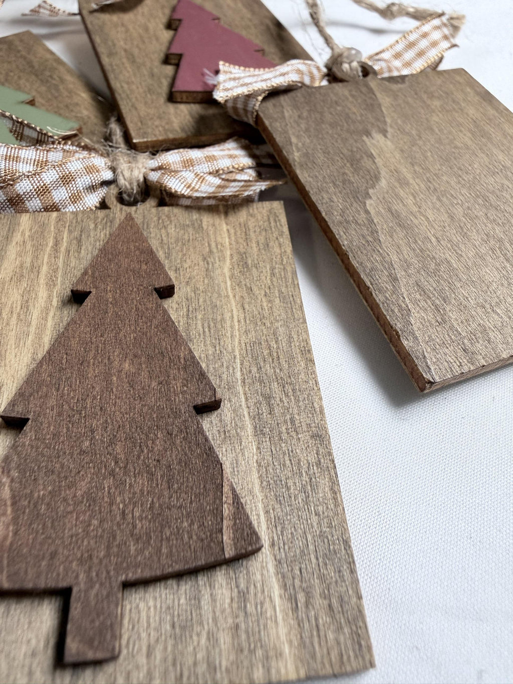 Rustic Wood Christmas Tree Ornaments Set of 4, Farmhouse Tag Ornaments with Gingham Bow, Layered Tree, Gift Bag, 2x3 inch