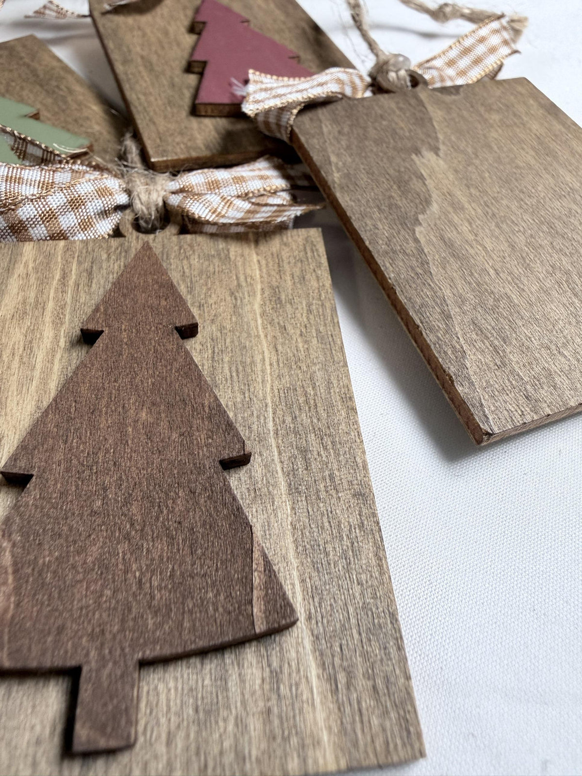 Rustic Wood Christmas Tree Ornaments Set of 4, Farmhouse Tag Ornaments with Gingham Bow, Layered Tree, Gift Bag, 2x3 inch