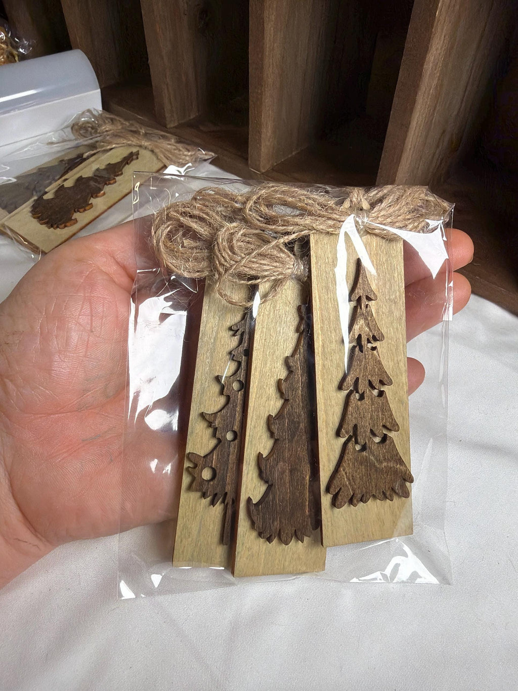 Rustic Wood Christmas Tree Ornaments Set of 3, Tall Skinny Tag Ornaments, Layered Pine Trees, Farmhouse Christmas Decor, 1.25x4 inch