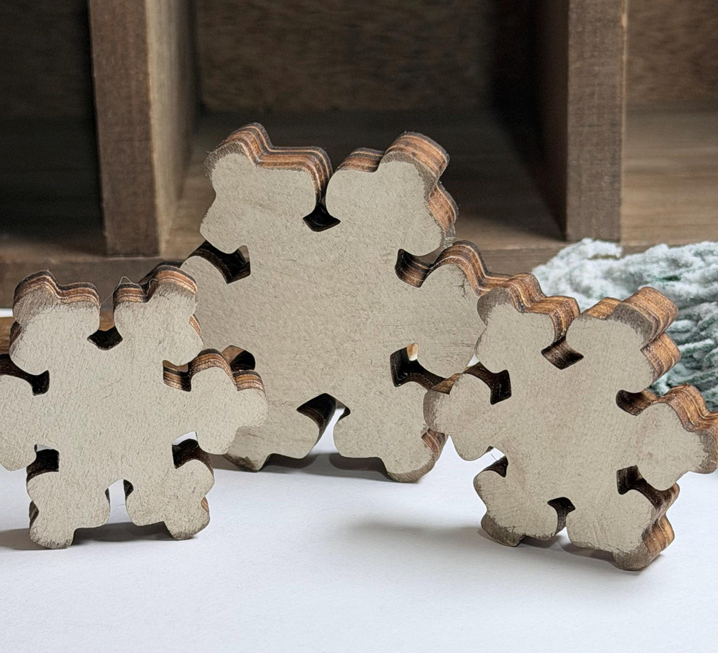 Mini Wood Snowflake Set of 3, Distressed White Chunky Snowflakes, Snowman Shelf Sitter Add-On, Rustic Winter Tiered Tray Decor