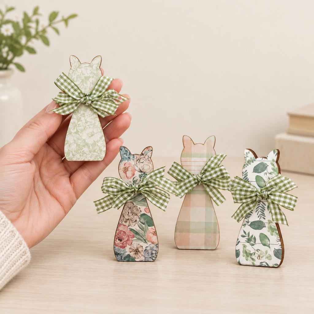Small Floral Cat Decor Set of 4, Wooden Cat Shelf Sitters, Cottagecore Cat Decor, Farmhouse Tiered Tray Decor, Cat Lover Gift - TheGrumpyRooster