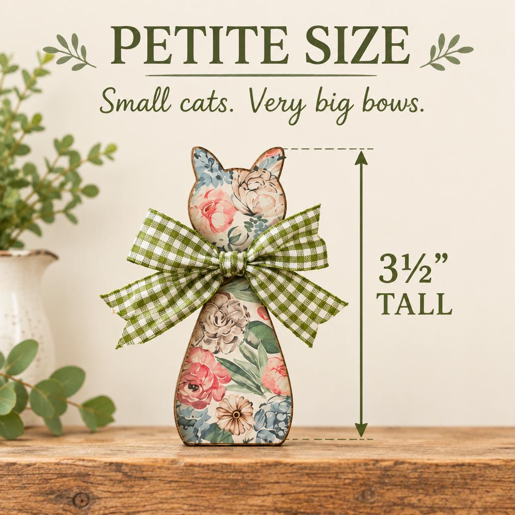 Small Floral Cat Decor Set of 4, Wooden Cat Shelf Sitters, Cottagecore Cat Decor, Farmhouse Tiered Tray Decor, Cat Lover Gift - TheGrumpyRooster