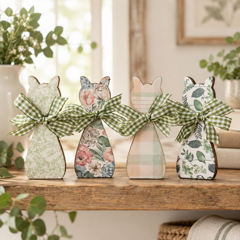 Small Floral Cat Decor Set of 4, Wooden Cat Shelf Sitters, Cottagecore Cat Decor, Farmhouse Tiered Tray Decor, Cat Lover Gift - TheGrumpyRooster