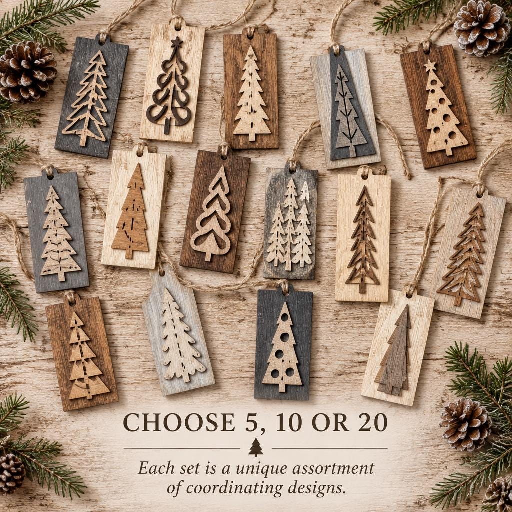 Neutral Reversible Tree Ornaments, Wooden Christmas Tree Ornaments, Rustic Farmhouse Christmas Decor, Sets of 5 10 or 20 - TheGrumpyRooster