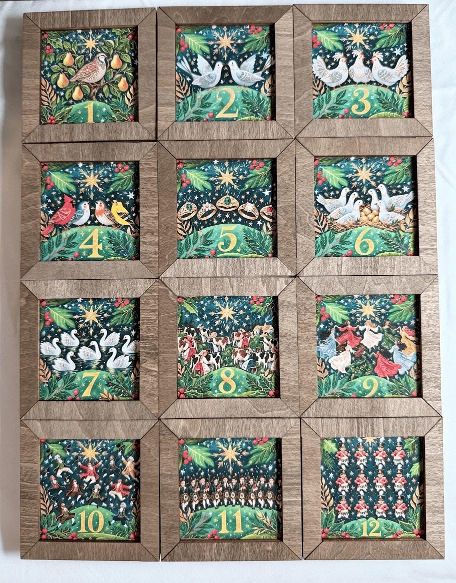 12 Days of Christmas Block Set, Bright Whimsical Twelve Days Blocks, Colorful 2.75 Inch Mini Shelf Sitters, Christmas Tiered Tray Decor