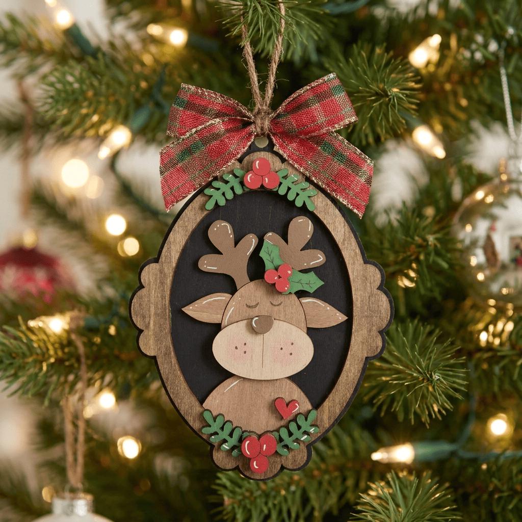 Reindeer Cameo Wood Christmas Ornament, Layered Rustic Deer Ornament with Bow, 5 Inch Farmhouse Tree Decor, Woodland Christmas Gift