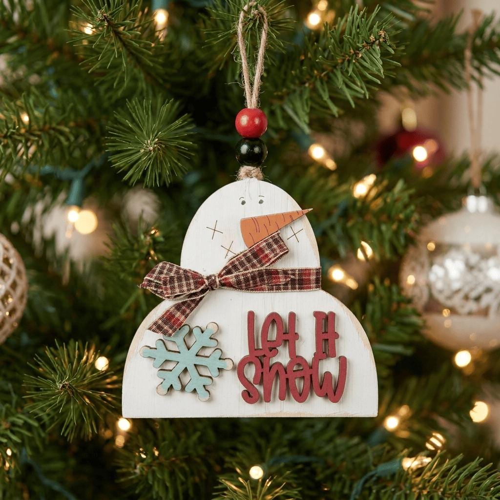 Let It Snow Wood Christmas Ornament, 4 Inch Rustic Beaded Tree Ornament, Farmhouse Winter Decor, Handmade Stocking Stuffer Gift