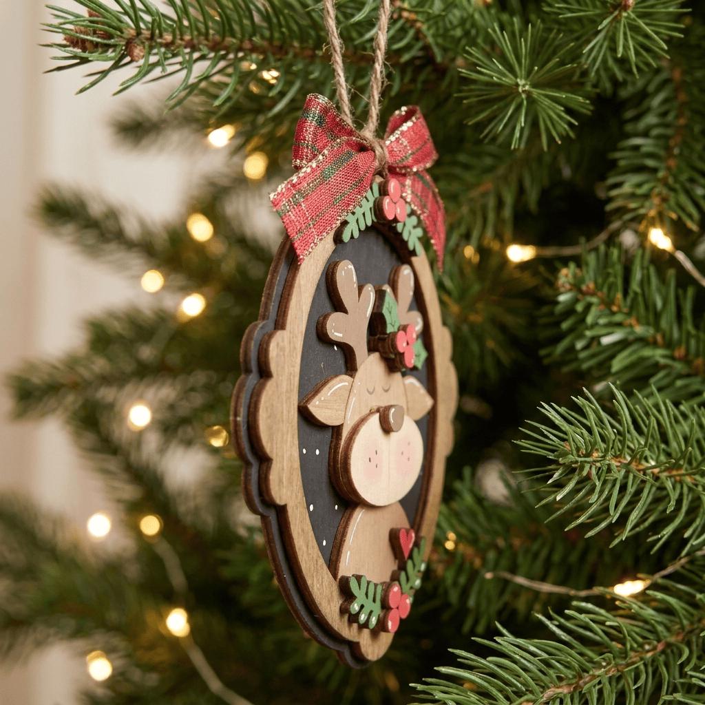 Reindeer Cameo Wood Christmas Ornament, Layered Rustic Deer Ornament with Bow, 5 Inch Farmhouse Tree Decor, Woodland Christmas Gift