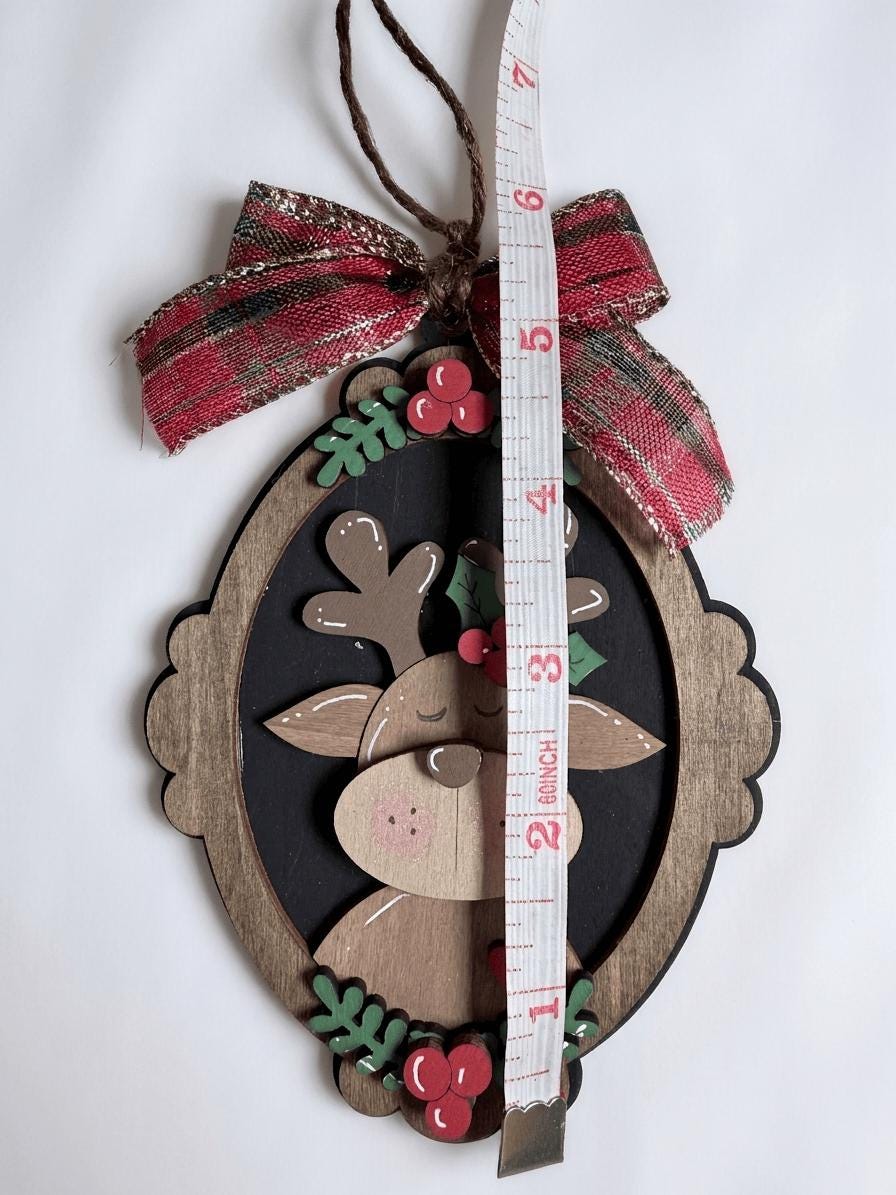 Reindeer Cameo Wood Christmas Ornament, Layered Rustic Deer Ornament with Bow, 5 Inch Farmhouse Tree Decor, Woodland Christmas Gift