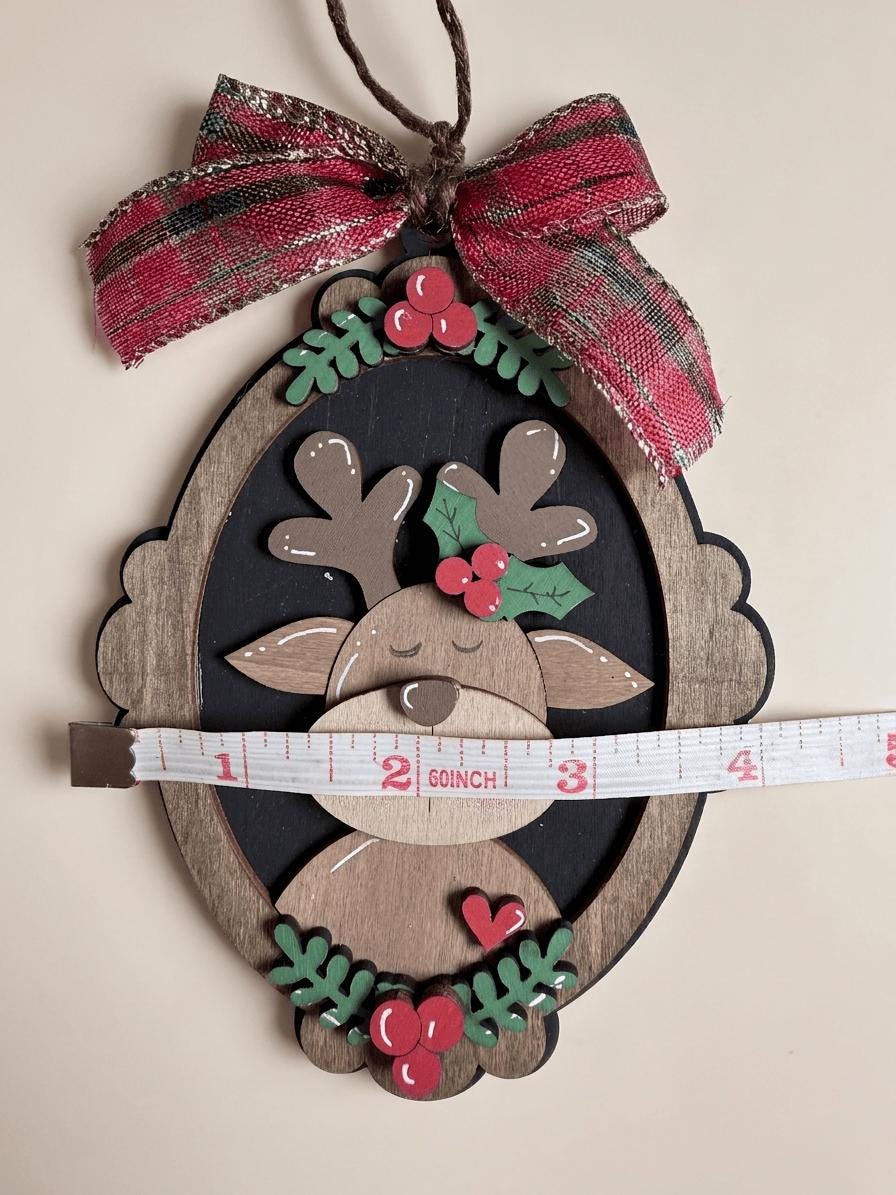 Reindeer Cameo Wood Christmas Ornament, Layered Rustic Deer Ornament with Bow, 5 Inch Farmhouse Tree Decor, Woodland Christmas Gift