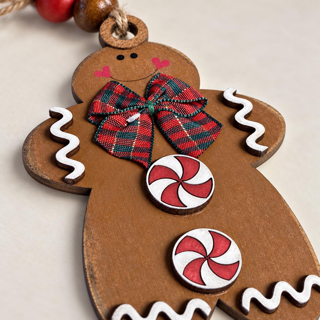 Gingerbread Man Christmas Ornament, Layered Wood Peppermint Gingerbread Ornament with Plaid Bow, Farmhouse Christmas Tree Decor