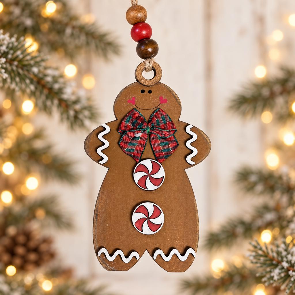 Gingerbread Man Christmas Ornament, Layered Wood Peppermint Gingerbread Ornament with Plaid Bow, Farmhouse Christmas Tree Decor
